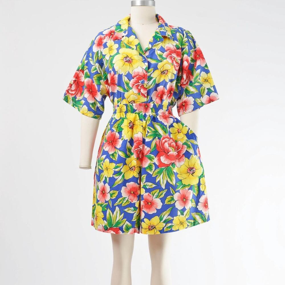 Vintage 80s Tropical Floral Shorts Set Oversized Hibiscus Shirt Hawaiian M L